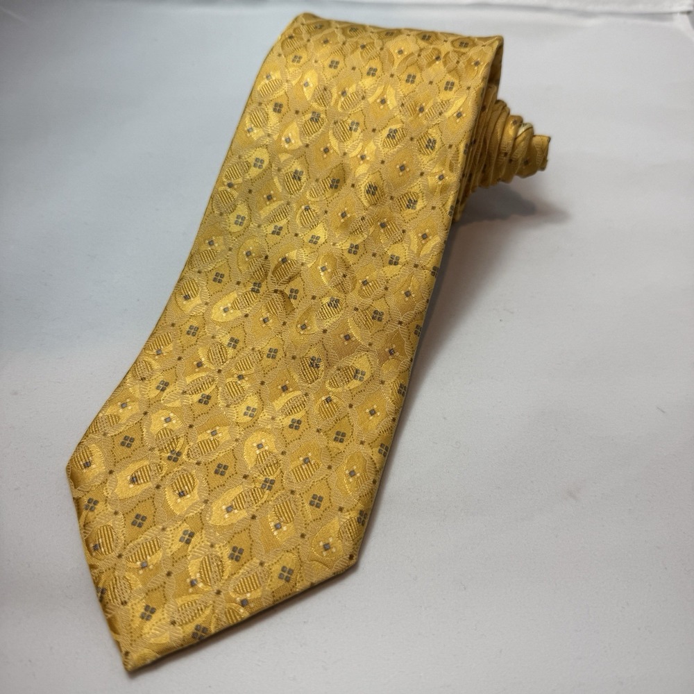 Vintage Ermenegildo Zegna Silk Tie Mustard Yellow Gold Blue Geometric Italy
